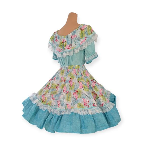 Square Dancing Dress Set - Christmas Flamingo Print Mediums aqua skirt & blouse - Picture 14 of 15